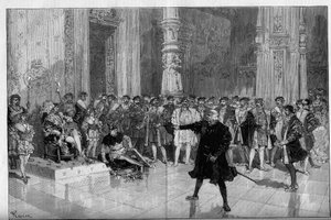 Divadelní ztvárnění: „Král se baví“ od Victora Huga (1808-1883). První dějství, scéna 5: pokoj v Louvru, kletba. M. de Saint Vallier (Saint-Vallier) před králem Francoisem I. (Mounet Sully (nebo Mounet Sully) 1841-1916) a šaškem Tribouletem (Edmond od Frederic de Haenen