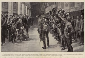 Třikrát hurá královně, Její Veličenstvo při inspekci invalidních koloniálních dobrovolníků na hradě Windsor