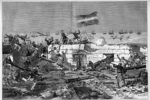 Tunisko, červenec 1881: Francouzská vojska dobyla město Stax po vzpouře obyvatel proti francouzskému protektorátu Tunisko. Námořní pušky sundávají kruhovou baterii. Rytina od De Haenena v „“The Illustrous World”” č. 1273 z 20. srpna od Frederic de Haenen