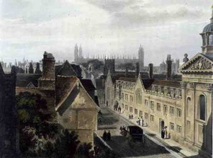Exteriér Pembroke College, z okna Peterhouse, Cambridge, z 