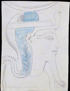 Studie reliéfu hlavy boha Khonsu v chrámu Seti I, Abydos, 1874 (tužka a wc na papíře)