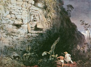 Hlava Itzam Na, Izamal, Yucatán, Mexiko, 1844 (kolorovaná litografie)