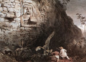 Lovec a jeho průvodce před hlavou Mayů Itzam Na od Frederick Catherwood