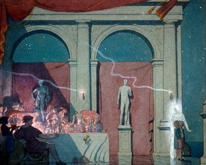 Tyltyl otáčí diamant, ilustrace ze čtvrtého dějství, scéna IV, „Modrý pták, pohádková hra o šesti dějstvích“ od Maurice Maeterlincka, vydaná v Londýně v roce 1911 (akvarel, tužka a tělová barva na papíře)