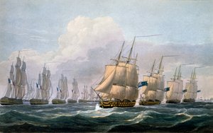 Kapitán Beresford v HMS Theseus vede svou eskadru lodí z „Námořní chronologie Velké Británie“, od J. Ralfe, 1820