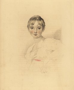 Portrét Lucy Meredith, neteře sira Thomase Lawrence. Mladá pre-dospívající dívka v bílých šatech s růžovým páskem. Ručně tónovaná rytina Fredericka Christiana Lewise podle ilustrace sira Thomase Lawrence z P.G. Patmore
