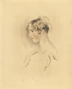 Portrét Mary Isabelly Bloxamové jako mladé ženy, neteře sira Thomase Lawrence. S vlasy nahoře a stočenými, v šatech na ramena. Rytina Fredericka Christiana Lewise podle ilustrace sira Thomase Lawrence z P.G. Patmoreův kabinet G