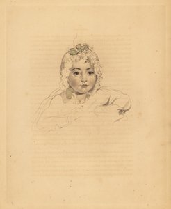 Portrét Mary Isabelly Bloxamové, neteře sira Thomase Lawrence. V kapotě se stuhou. Ručně tónovaná rytina Fredericka Christiana Lewise podle ilustrace sira Thomase Lawrence z P.G. Patmore