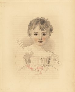 Portrét Thomase Lawrence Bloxama, synovce sira Thomase Lawrence. V šatech převázaných růžovou stuhou. Ručně tónovaná rytina Fredericka Christiana Lewise podle ilustrace sira Thomase Lawrence z P.G. Patmore