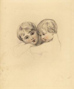 Portrét dětí Calmeady v objetí. Ručně tónovaná rytina Fredericka Christiana Lewise podle ilustrace sira Thomase Lawrence z P.G. Patmore