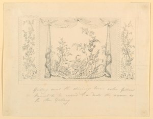 Kresba, Královský pavilon, Brighton, Modrý (jižní) salonek, návrh výzdoby stěn, cca 1820 od Frederick Crace
