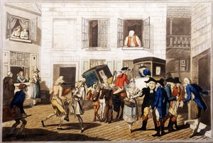Inn Yard at Calais, hospoda. William Holland, Londýn, 1790 (ručně kolorovaná akvatinta) od Frederick George Byron