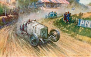 Lautenschlager s německým Mercedesem a Boillot s francouzským Peugeotem v jejich velkém boji během Grand Prix 1914 (barevné lito)