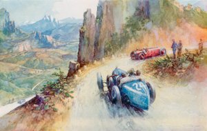 Materassiho dvoulitrové přeplňované Bugatti předjíždějící Maserati na klikaté trati Targa Florio z roku 1927 (barva litho)