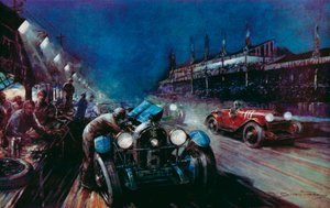 Jeden z úspěšných vozů Lorraine-Dietrich, který se doplňuje v boxu během noční jízdy ve 24hodinovém závodě Le Mans (barevné lito)