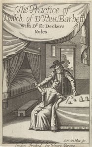 Doktor s mladou ženou v interiéru Titulní strana pro: Dekkers, F., The Practice of Phisick of Dr. Paul Barbett od Frederick Hendrick van den Hove