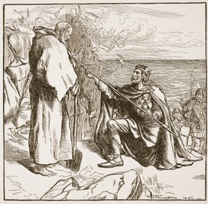 Egfrid prosí svatého Cuthberta, ilustrace z knihy "The Church of England: Spence-Jones, vyd. cca 1910 (sépiová fotografie). od Frederick Henry Townsend