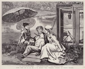 Angličtí herci Irene Vanbrugh, John Lawrence Toole a Mary Ansell v inscenaci hry J. M. Barrieho Walker, Londýn, v Toole