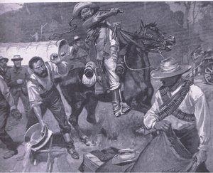 Búrské zacházení s mírovými vyslanci: Bičování Margendaalu, z After Pretoria: The Guerilla War vydané Harmsworth Bros Limited, 1901 od Frederick Judd Waugh