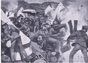 Búrové rabující britský tábor v Nooitgedacht pod dělostřeleckou palbou, z Po Pretorii: Guerilla War vydané Harmsworth Bros Limited, 1901