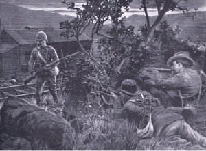 Degenerovaná válka: Búrové ostřelují hlídku, z After Pretoria: The Guerilla War vydané nakladatelstvím Harmsworth Bros Limited, 1901