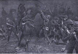 Major Boole-Smith řeší De Wet, z After Pretoria: The Guerilla War vydané Harmsworth Bros Limited, 1901 od Frederick Judd Waugh