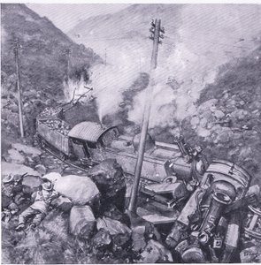 Ztroskotání obrněného vlaku poblíž Vlakfonteinu, ilustrace z Po Pretorii: Guerilla War, 1902 od Frederick Judd Waugh