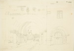 Abbey Gatehouse of Bristol Cathedral, pohled na jih (tužka na papíře) od Frederick Mackenzie