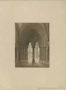 Interiér katedrály Lichfield – dveře kapituly: sépiová kresba a [c 1820] od Frederick Mackenzie
