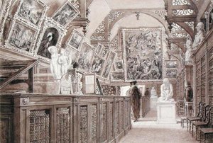 Interiér školy Old Perse School s vystaveným výběrem dědictví lorda Fitzwilliama (tužka, štětec a mytí na papíře) od Frederick Mackenzie