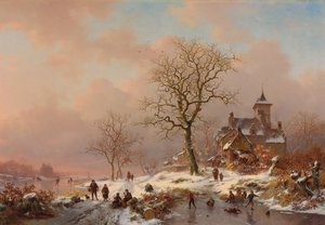 Zimní krajina s postavami hrajícími si na ledě, 1868