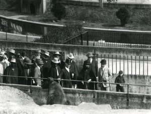 Sir Peter Chalmers Mitchell, s etiopským regentem Haile Selassiem a jeho doprovodem, sledují medvěda hnědého na Mappinových terasách, londýnská zoo, 1924 od Frederick William Bond