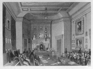 Pohled do interiéru Somerset House, zobrazující setkání Royal Antiquarian Society, c.1840