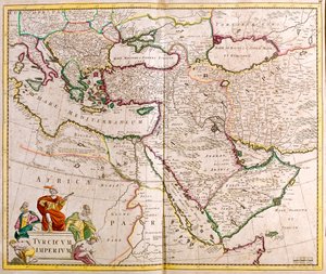Itálie, Balkánský poloostrov, Turecko, Libanon, Sýrie, Izrael, Jordánsko, Irák, Arabský poloostrov, Írán. od Frederick de Wit