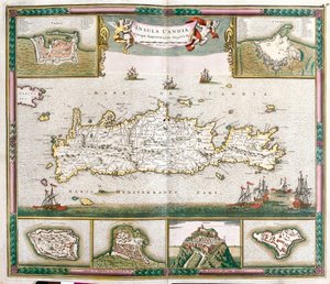 Mapa ostrova Kréta s výhledy na opevněná města La Cane a Heraklion a pevnosti Spinalonga, Retino, Thine a Souda (lept od Frederick de Wit