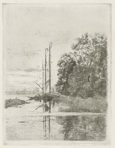 Pohled na řeku se dvěma loděmi a člunem. od Fredericus Jacobus van Rossum du Chattel (signed by artist)