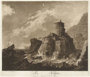 Hrad na skalnatém pobřeží a lodě v bouři na moři La Tempête (název na objektu)