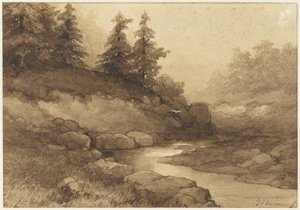 Kopcovitá krajina s řekou od Frederik Hendrik Kaemmerer