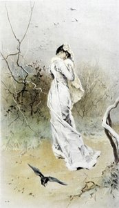 Žena v lese - alegorie časné zimy, kalendář ilustrovaný Hubertem Dysem, maloval F.H. Kaemmerer