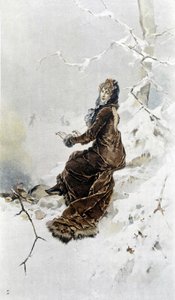 Žena ve sněhu: Alegorie zimy, kalendář ilustrovaný Hubertem Dysem, maloval F.H. Kaemmerer
