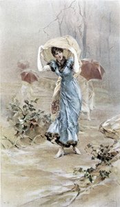 Žena chránící se před deštěm - alegorie časného podzimu, kalendář ilustrovaný Hubertem Dysem, maloval F.H. Kaemmerer