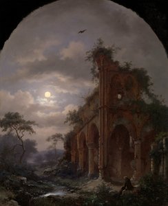 Mnich meditující poblíž zříceniny za měsíčního svitu Meditující mnich na zřícenině v noci od Frederik Marinus Kruseman (signed by artist)
