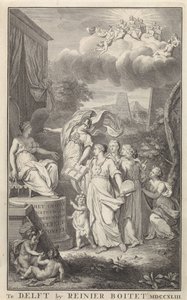 Minerva a umění za trůnující postavu Titulní strana pro: The Groot Natuur- en Zedekundigh Wereldtoneel, Delft, R. Boitet, 1743