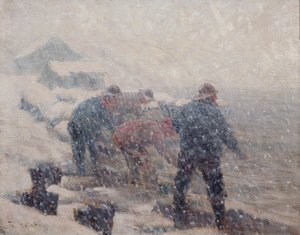 Rybáři táhnou nevod ve sněhové bouři (olej na plátně) od Fredrik Kolstoe