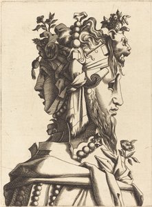 Busta ženy v extravagantním kostýmu od French 16th Century after René Boyvin or Pierre Milan