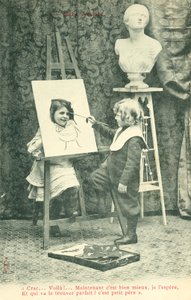 Děti malování, dívka s hlavou přes plátno od French Photographer