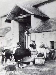 Rolníci kolem studny, na hospodářském dvoře, kolem 1860-70 (čb foto) od French Photographer