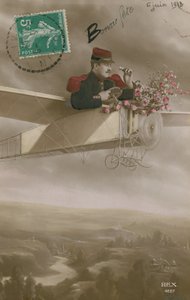 Pohlednice letce rozvážejícího květiny, odeslána 6. června 1913 (ručně kolorovaná fotografie) od French Photographer