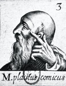 (zleva ve směru hodinových ručiček) Portrét Horacia (65-8 př. n. l.); portrét Scipia Aemiliana (Africanus Minor) (185-129 př. n. l.); portrét Plauta (asi 254-184 př. n. l.) (detail 84908) od French School