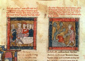 184 Fr.110 f.405 Galahad přichází k Artušovi a Galahad tasí meč z plovoucího kamene v řece v Camelotu, kolem 1250-80 (viz také 150479) od French School